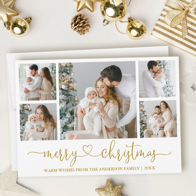 Modern Calligraphy Heart Christmas 5 Photo Gold Holiday Card (Customize to add text to back of card.)