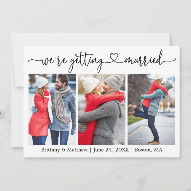 Modern Calligraphy Heart Getting Married 3 Photo Save The Date (Front)