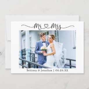 Modern Calligraphy Heart Mr. and Mrs. Wedding Thank You Card