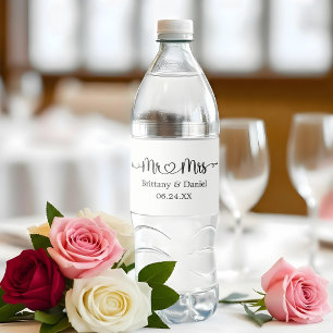 Modern Calligraphy Heart Mr. and Mrs. Wedding Water Bottle Label