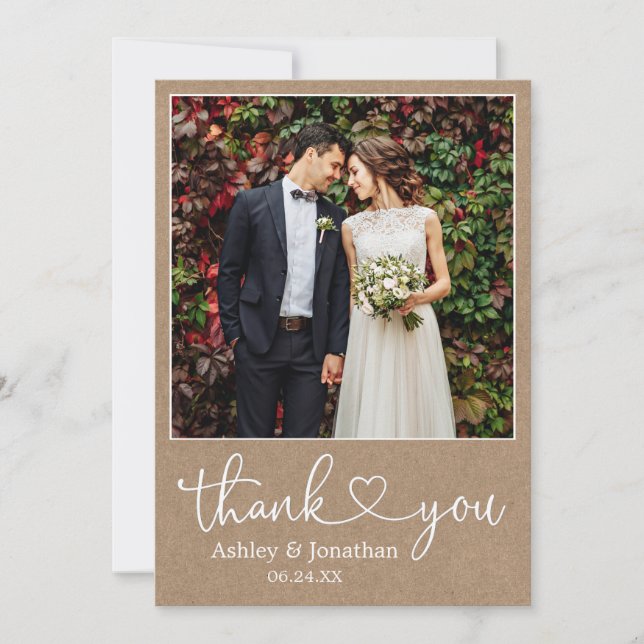 Modern Calligraphy Heart Photo Wedding Kraft Thank You Card (Front)