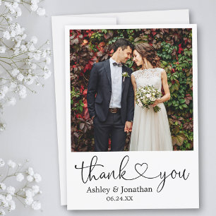 Modern Calligraphy Heart Photo Wedding Thank You Card