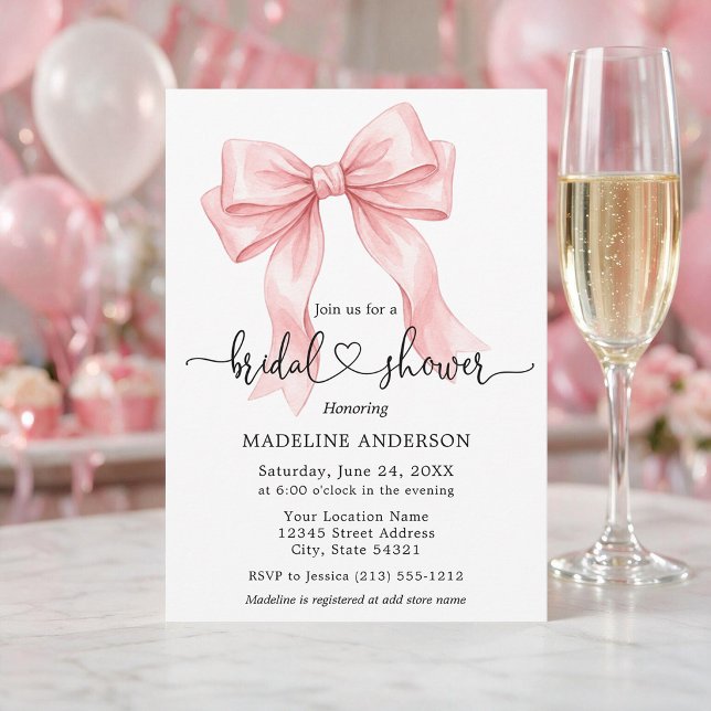 Modern Calligraphy Heart Pink Bow Bridal Shower Invitation (Customize to add text to back of card.)
