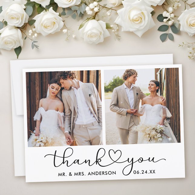 Modern Calligraphy Heart Script 2 Photos Wedding  Thank You Card (Customize to add text to back of card.)