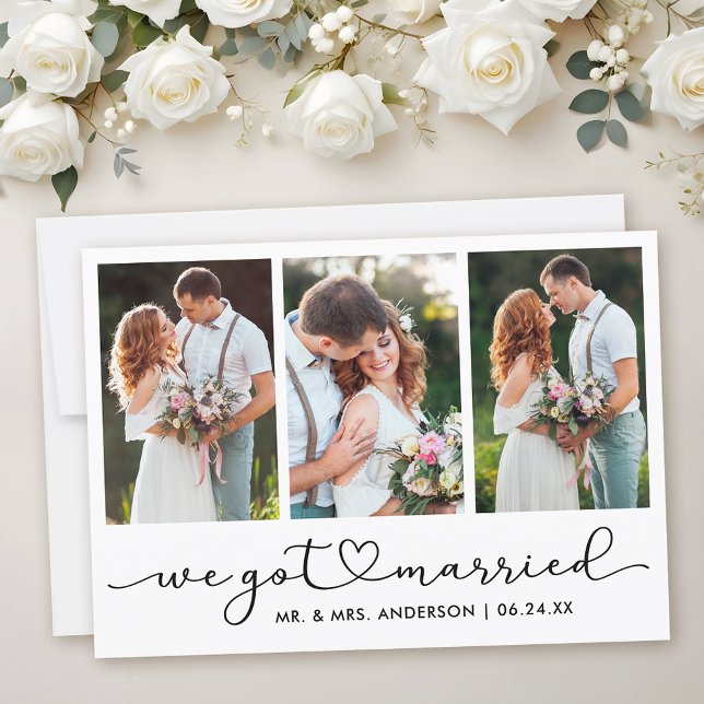 Modern Calligraphy Heart Script 3 Photo Wedding  Announcement (Customize to add text to back of card.)