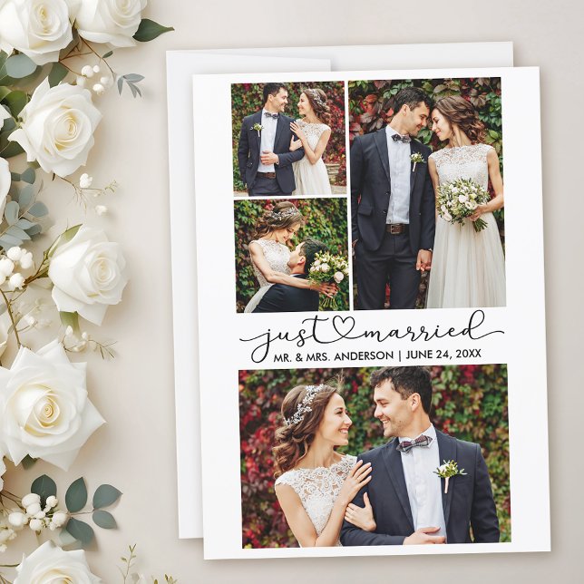 Modern Calligraphy Heart Script 4 Photos Wedding Announcement (Customize to add text to back of card.)