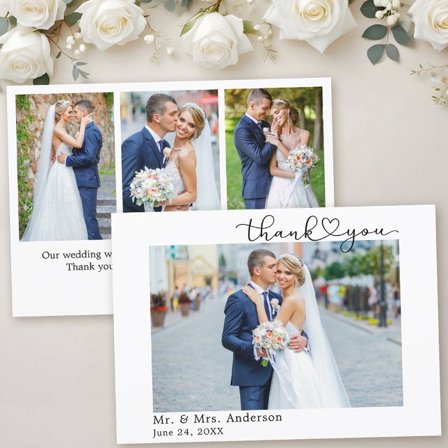 Modern Calligraphy Heart Script 4 Photos Wedding Thank You Card (Customize to change your personalized text size or text style.)