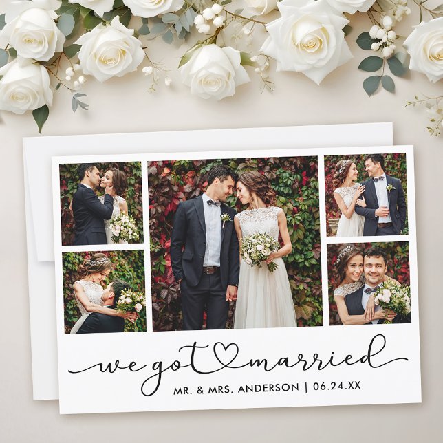 Modern Calligraphy Heart Script 5 Photo Wedding  Announcement (Customize to add text to back of card.)