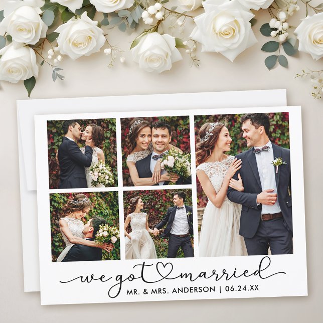 Modern Calligraphy Heart Script 5 Photos Wedding  Announcement (Customize to add text to back of card.)