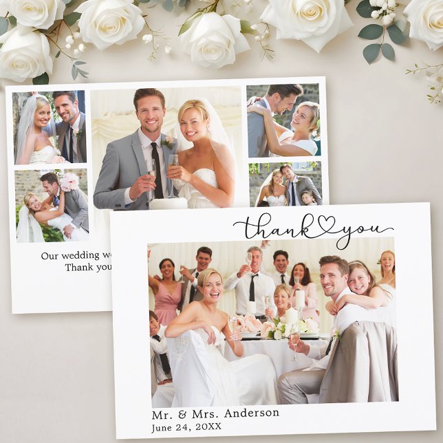 Modern Calligraphy Heart Script 6 Photos Wedding Thank You Card (Customize to change your personalized text size or text style.)