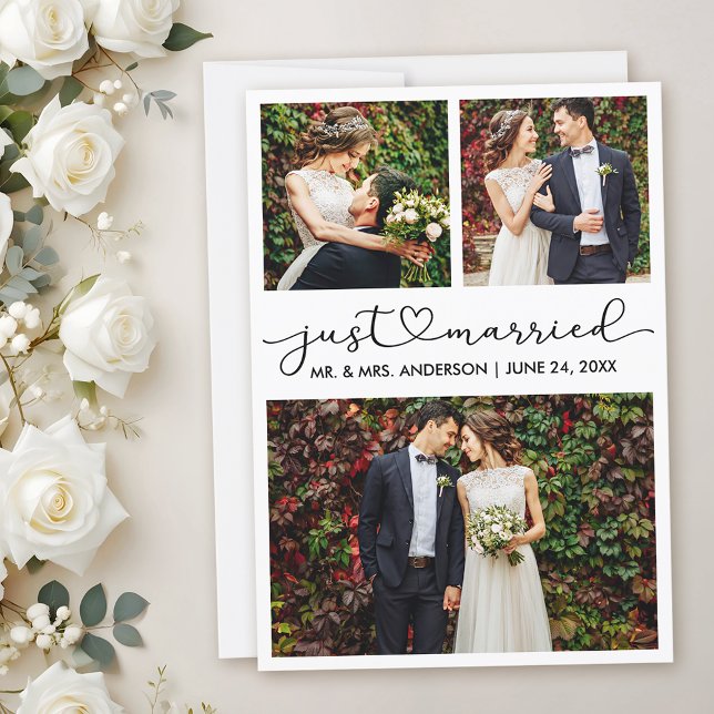 Modern Calligraphy Heart Script Wedding 3 Photo Announcement (Customize to add text to back of card.)