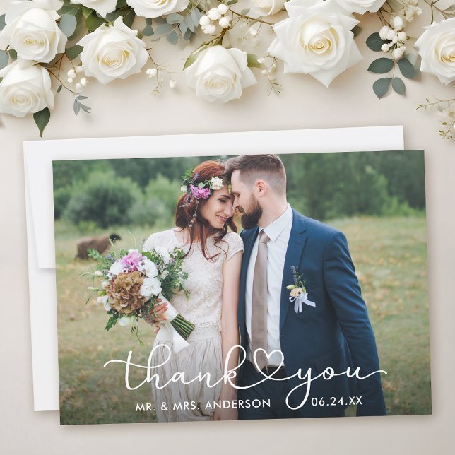 Modern Calligraphy Heart Script Wedding Photo Thank You Card (Customize to add text to back of card.)