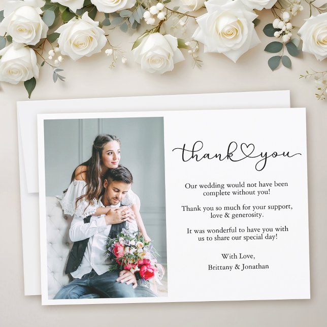 Modern Calligraphy Heart Script Wedding Thank You Card (Customize to add more text or photos to back of card.)