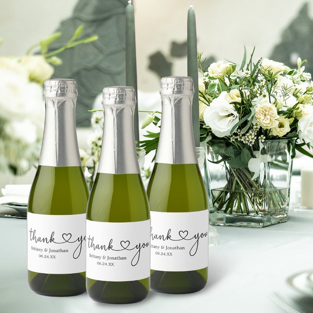 Modern Calligraphy Heart Thank You Wedding Mini Sparkling Wine Label (Customize to change your personalized text size or text style.)