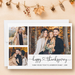 Modern Calligraphy Heart Thanksgiving 3 Photo Holiday Card
