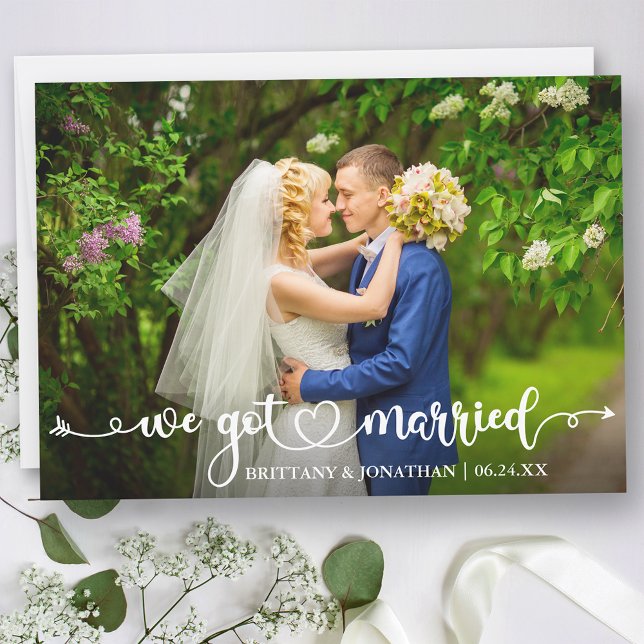 Modern Calligraphy Heart We Got Married Wedding Announcement (Customize to change your personalized text size, text style or to add text to back of card.)