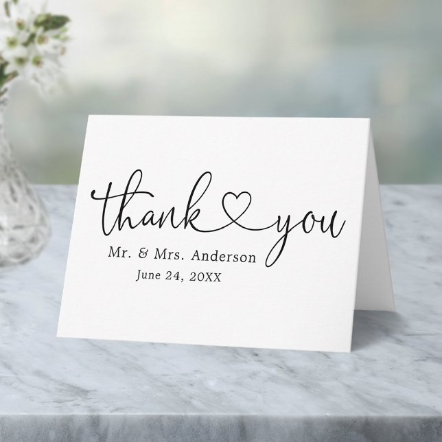 Modern Calligraphy Heart Wedding Folded Note Thank You Card (Customize to change your personalized text size or text style.)