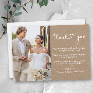 Modern Calligraphy Heart Wedding Photo Kraft Thank You Card