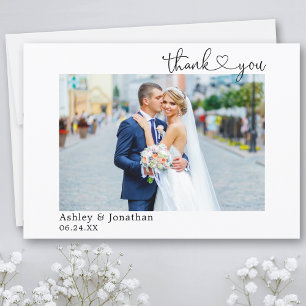 Modern Calligraphy Heart Wedding Photo Thank You Card