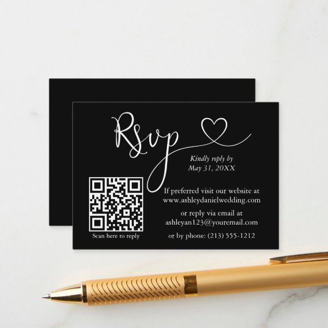 Modern Calligraphy Heart Wedding QR RSVP Black Enclosure Card (Front/Back In Situ)