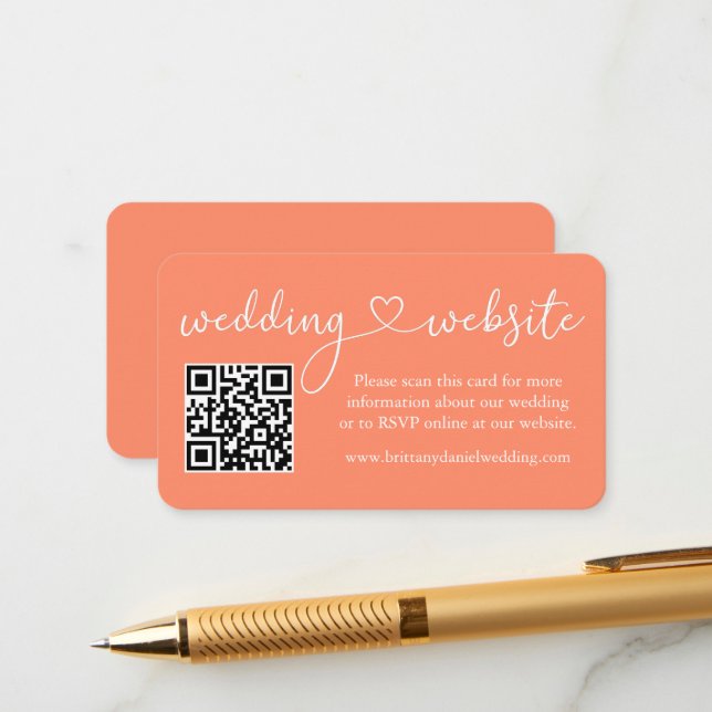 Modern Calligraphy Heart Wedding Website QR Coral Enclosure Card (Front/Back In Situ)