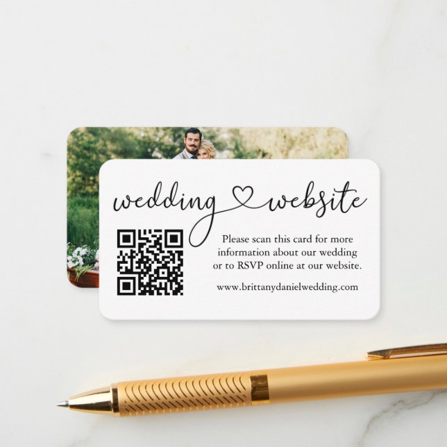 Modern Calligraphy Heart Wedding Website QR Photo Enclosure Card (Front/Back In Situ)