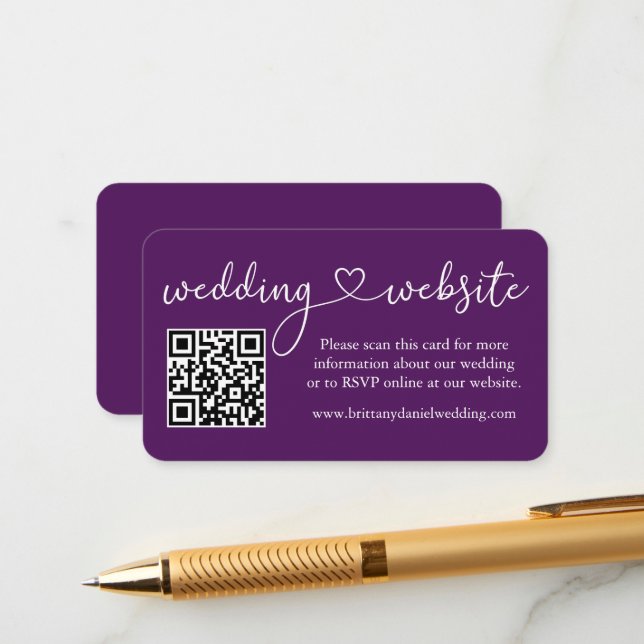 Modern Calligraphy Heart Wedding Website QR Purple Enclosure Card (Front/Back In Situ)