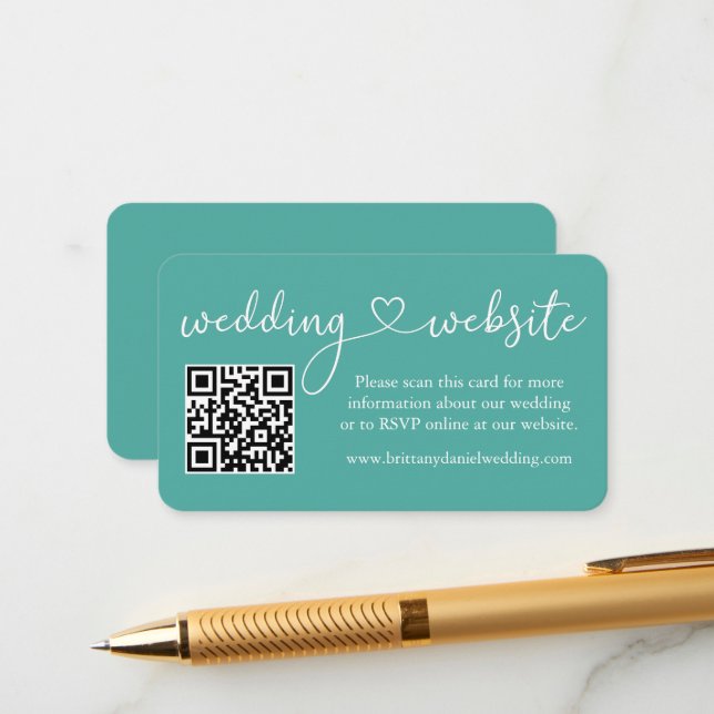 Modern Calligraphy Heart Wedding Website QR Teal Enclosure Card (Front/Back In Situ)