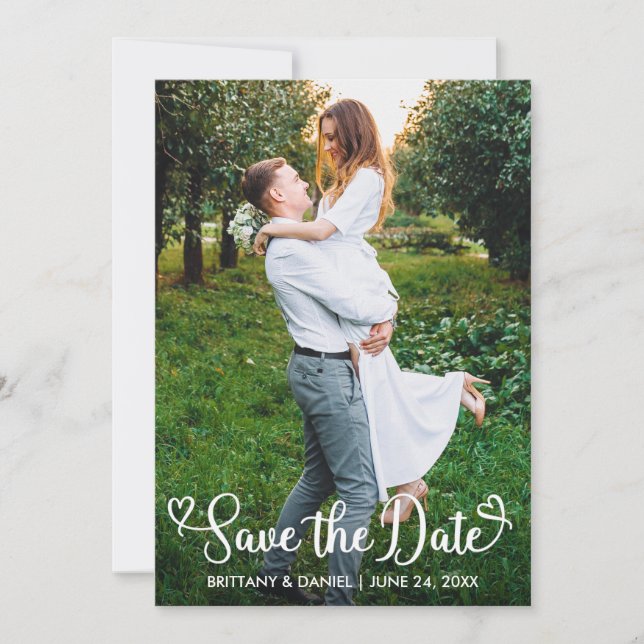 Modern Calligraphy Hearts Couple Photo Save The Date (Front)