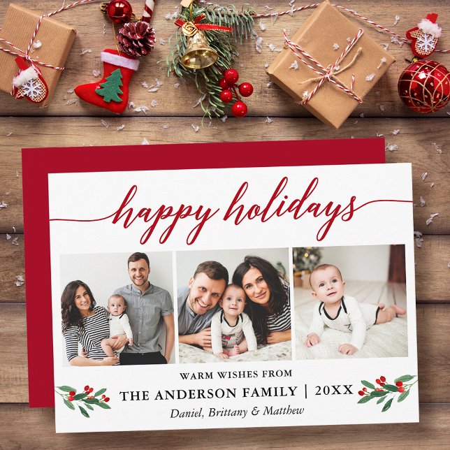 Modern Calligraphy Holly 3 Photo Red Holiday Card (Customize to add text to back or to change color of back of card.)