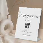 Modern Calligraphy Honeymoon Fund QR Code Wedding Pedestal Sign<br><div class="desc">Custom-designed honeymoon fund QR code sign featuring modern black and white calligraphy design.</div>