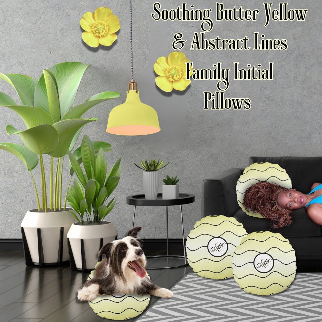 Modern Calligraphy Initial Butter Yellow Ombré Round Cushion (Creamy butter yellow round pillow with wavy, black, abstract lines, and calligraphy family initial)
