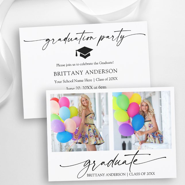 Modern Calligraphy Ink 2 Photo Graduation Party Invitation (Customize to change your personalized text size or text style.)