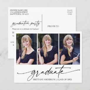 Modern Calligraphy Ink 3 Photo Graduation Party Postcard