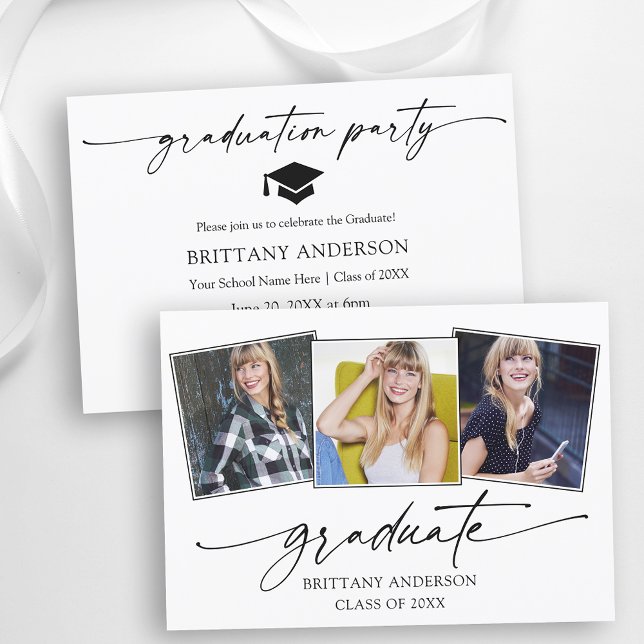 Modern Calligraphy Ink 3 Photos Graduation Party Invitation (Customize to change your personalized text size or text style.)