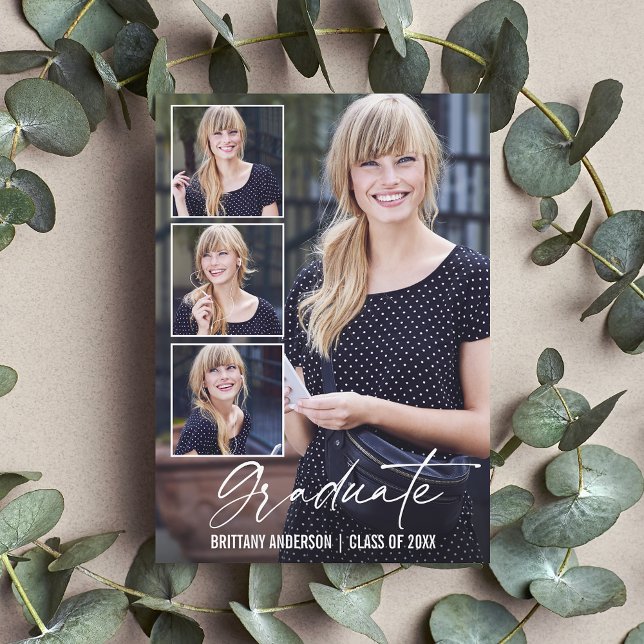 Modern Calligraphy Ink 4 Photo Graduation Announcement (Customize to add text or more photos to back of card.)