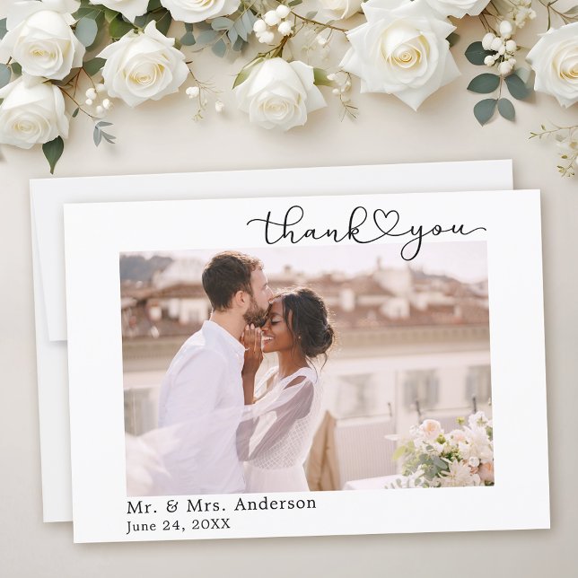 Modern Calligraphy Ink Heart Script Wedding Thank You Card (Customize to add text or more photos to back of card.)