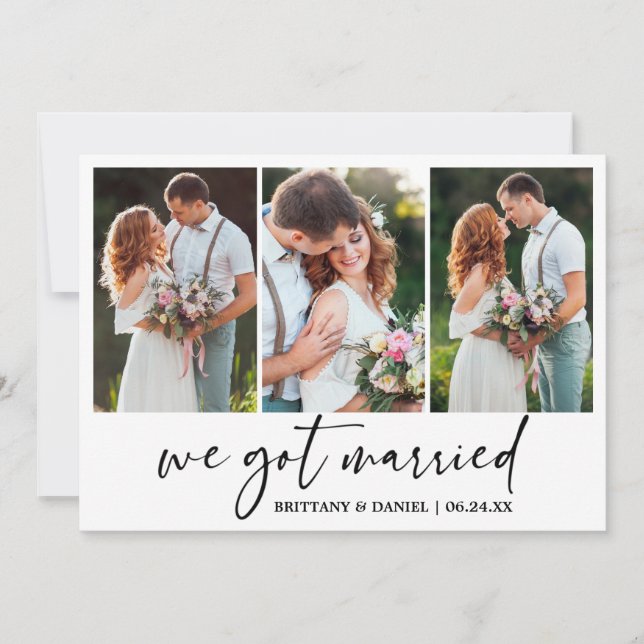 Modern Calligraphy Ink Pen 3 Photo Wedding Announcement (Front)