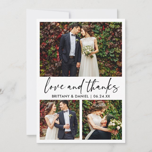 Modern Calligraphy Ink Pen 3 Photo Wedding Thank You Card (Front)