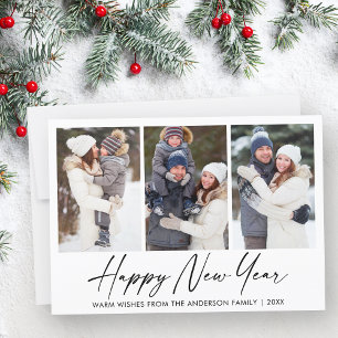 Modern Calligraphy Ink Pen New Year 3 Photo Holiday Card