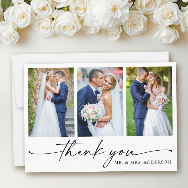 Modern Calligraphy Ink Pen Script 3 Photo Wedding Thank You Card (Customize to add text to back of card.)