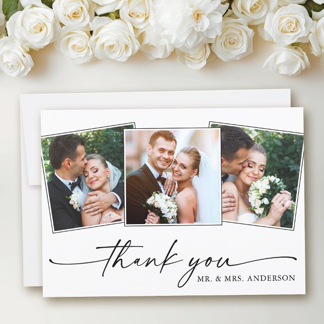 Modern Calligraphy Ink Pen Script 3 Photos Wedding Thank You Card (Customize to add text to back of card.)