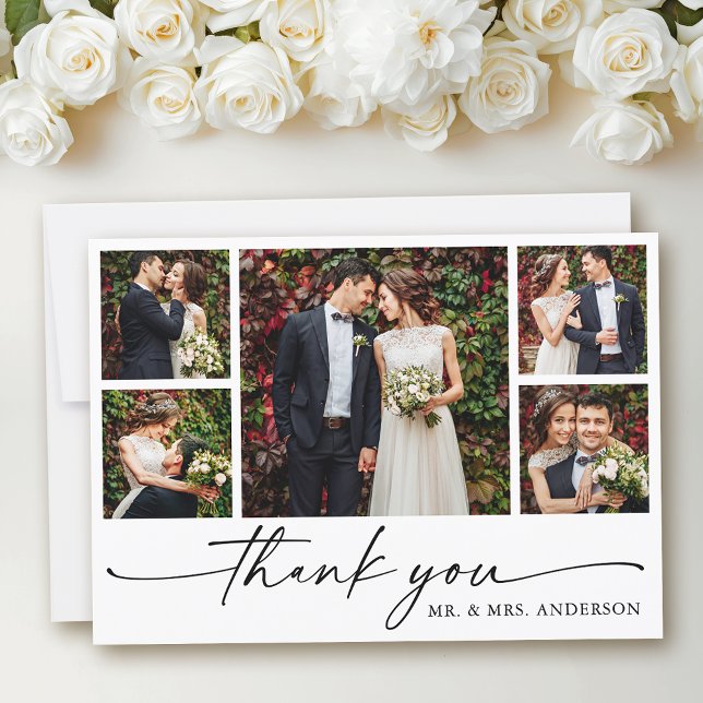 Modern Calligraphy Ink Pen Script 5 Photo Wedding Thank You Card (Customize to add text to back of card.)