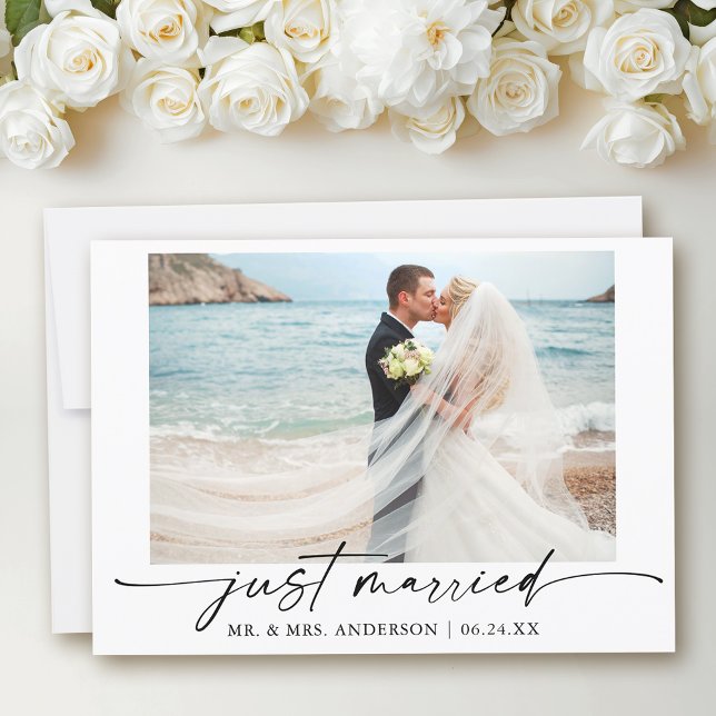 Modern Calligraphy Ink Pen Script Photo Wedding Announcement (Customize to add text to back of card.)