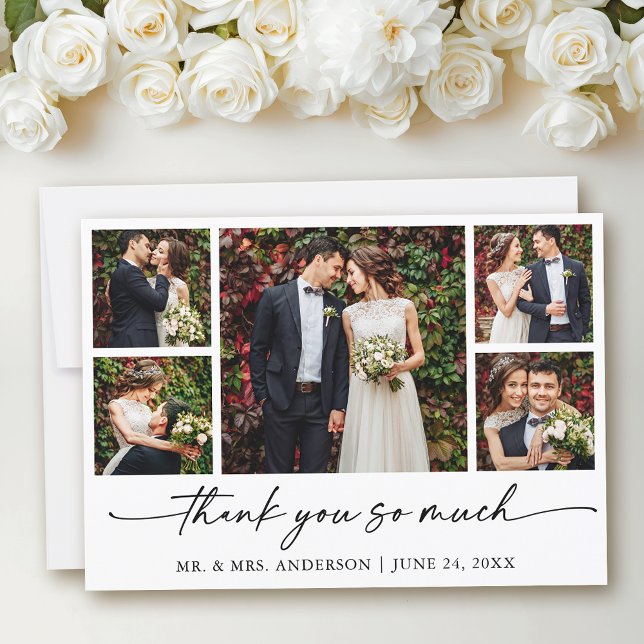 Modern Calligraphy Ink Pen Script Wedding 5 Photos Thank You Card (Customize to add text to back of card.)