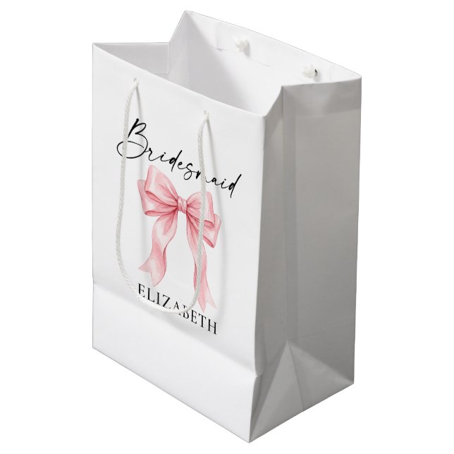 Modern Calligraphy Ink Pink Bow Bridesmaid Medium Gift Bag (Front Angled)