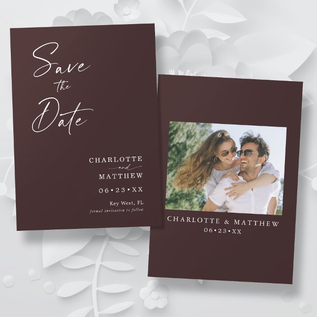 Modern Calligraphy Ink Script 1 Photo Burgundy Save The Date (The card color can easily be changed by selecting "Edit Design")
