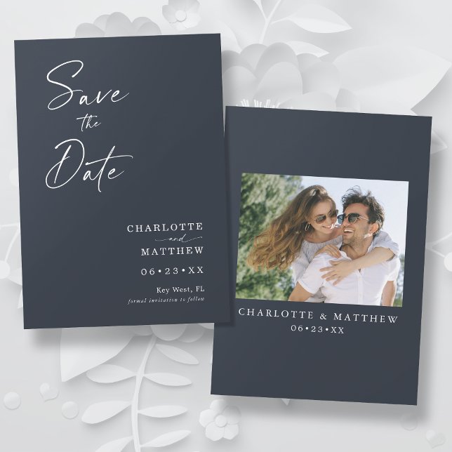Modern Calligraphy Ink Script 1 Photo Slate Save The Date (The card color can easily be changed by selecting "Edit Design")
