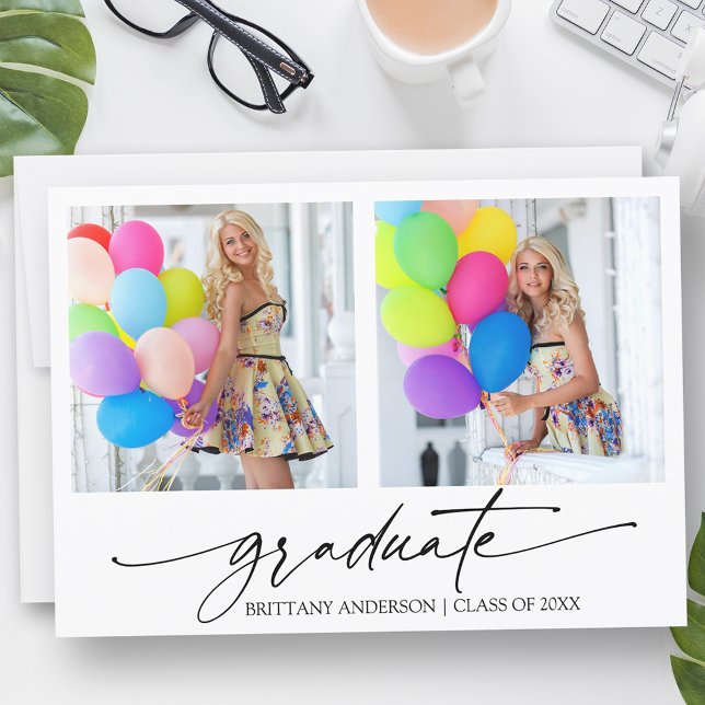 Modern Calligraphy Ink Script 2 Photo Graduation Announcement (Customize to add text or more photos to back of card.)