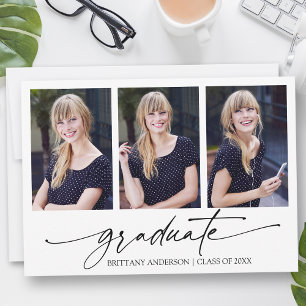 Modern Calligraphy Ink Script 3 Photo Graduation Announcement